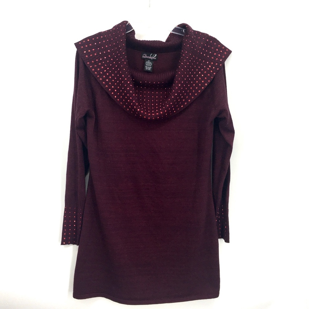 Studded Cowl Neck Burgundy Sweater Dress Tunic